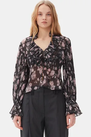 Ganni Floral Printed Pleated Georgette Blouse Size 12 Polyester Women