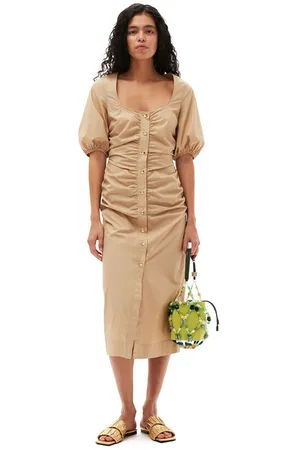 Ganni Short Sleeve Cotton Poplin Gathered Open-neck Maxi Dress Size 8 Women