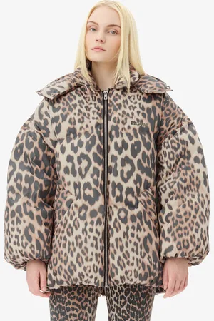 Ganni Leopard Midi Puffer Jacket in Size Large/XL Polyester Women