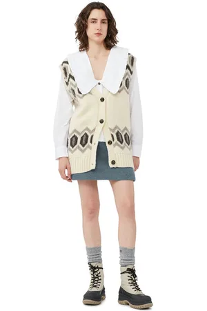 Ganni Sleeveless Oversized Chunky Wool Vest in Egret Size Small/Medium Women