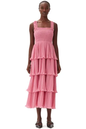 Ganni Pink Pleated Georgette Flounce Smock Midi Dress Size 16 Polyester Women