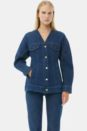 Ganni Denim Shaped Sleeve Rose Blazer Jacket in Rinse Size 4 Women