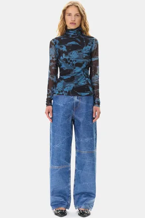Ganni Blue Printed Mesh Long Sleeve Rollneck Top in Size 14 Women