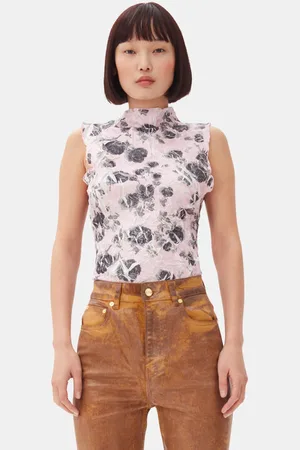 Ganni Pink Floral Printed Top in Size Large/XL Polyester Women