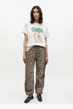 Ganni Leopard Washed Cotton Canvas Drawstring Trousers in Size 34 Women
