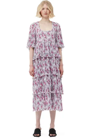 Ganni Short Sleeve Pleated Georgette Flounce Smock Midi Dress in Size 8 Polyester Women