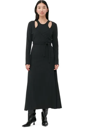 Ganni Long Sleeve Black Rib Jersey Wrap Maxi Dress Size 10 Women