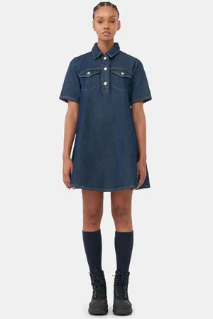 Ganni Short Sleeve Heavy Denim Mini Dress Size 4 Organic Cotton Women