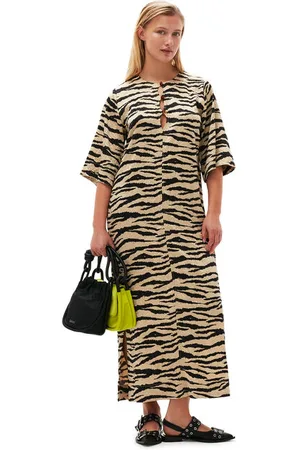Ganni Short Sleeve Crinkled Satin Maxi Dress in Size 6 Women