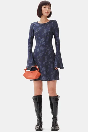 Ganni Dark Blue Floral Printed Mini Dress in Size 12 Spandex/Viscose Women