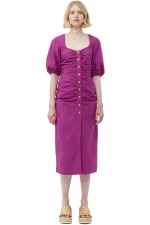 Ganni Short Sleeve Cotton Poplin Gathered Open-neck Maxi Dress Size 6 Women