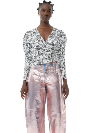 Ganni Floral Twill Wrap Blouse in Egret Size 6 Ecovero Viscose Women