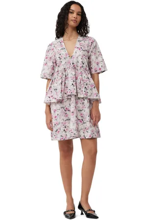Ganni Printed Cotton Flounce Mini Dress in Size 6 Women