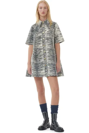 Ganni Short Sleeve Print Denim Mini Dress in Oyster Gray Size 16 Women