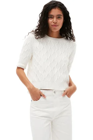 Ganni Short Sleeve Cotton Cable Open Back Top in Bright Size XL Women