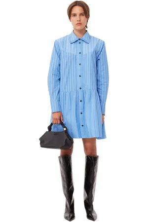 Ganni Long Sleeve Re-cut Striped Cotton Mini Shirt Dress in Size 6 Women