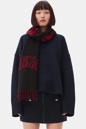 Ganni Red Fringed Wool Scarf in Women