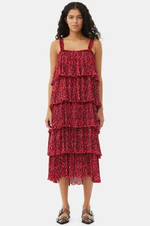 Ganni Red Pleated Georgette Flounce Strap Midi Dress in Size 14 Polyester Women