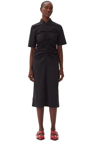 Ganni Cotton Poplin Gathered Midi Dress in Size 16 Women