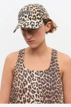 Ganni Leopard Canvas Cap Organic Cotton Women