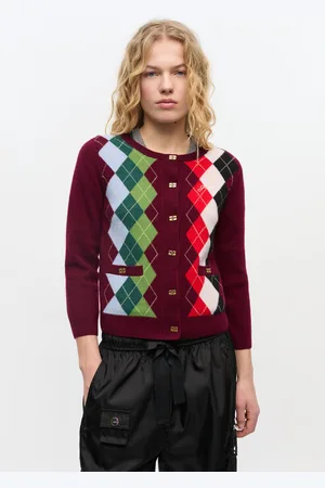 Ganni Burgundy Check Cardigan in Size Small Women