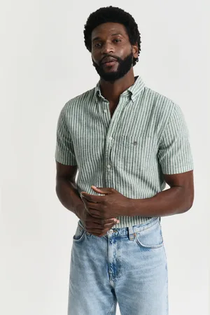 GANT Men Regular Fit Striped Cotton Linen Short Sleeve Shirt (S)