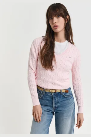 GANT Women Stretch Cotton Cable Knit V-Neck Sweater (XS)