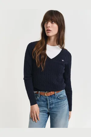 GANT Women Stretch Cotton Cable Knit V-Neck Sweater (XS)