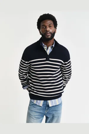 GANT Men Striped Cotton Half-Buttoned Neck Sweater (S)