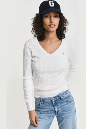 GANT Women Stretch Cotton Cable Knit V-Neck Sweater (XS)