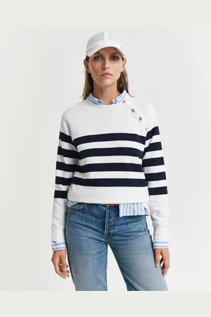 GANT Women Striped Gold Buttoned Crew Neck Sweatshirt (XS)