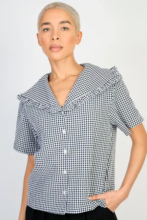 Glassworks London Gingham Ruffle Trim Giant Collar Short Sleeved Shirt