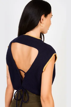 Glassworks London Navy And Beige Trim Open Tie Back Sweater Vest