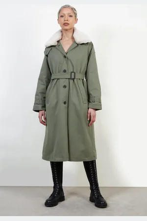 Glassworks London Khaki Faux Fur Collar Lined Trench Coat