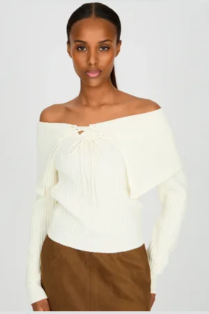 Glassworks London Cream Off Shoulder Lace Up Detail Knit Top