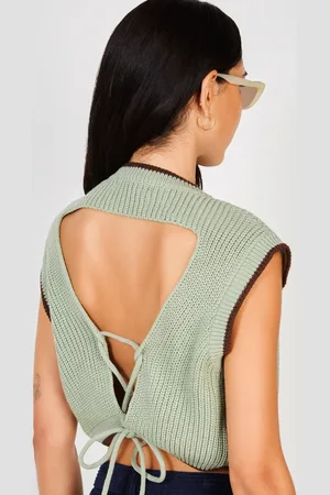 Glassworks London Khaki And Brown Trim Open Tie Back Sweater Vest