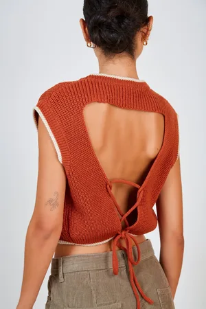 Glassworks London Rust And Ivory Trim Open Tie Back Sweater Vest
