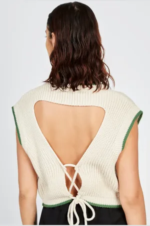 Glassworks London Beige And Green Trim Open Tie Back Sweater Vest