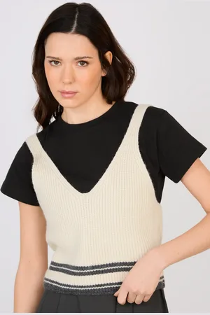 Glassworks London Ivory And Black Striped Hem Tie Up Knit Tank
