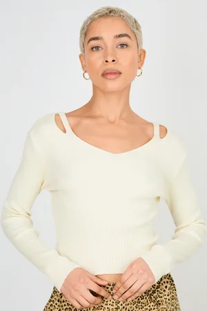 Glassworks London Ivory V Neck Double Slit Shoulder Knit Top