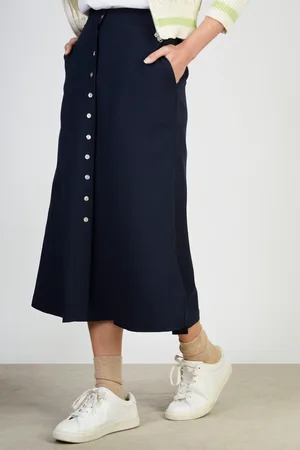 Glassworks London Navy Linen Blend Button Front Skirt