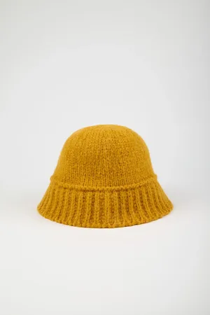 Glassworks London Mustard Knit Ribbed Trim Bucket Hat