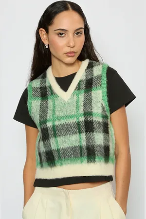 Glassworks London Ivory Green And Black Fuzzy Plaid Sweater Vest