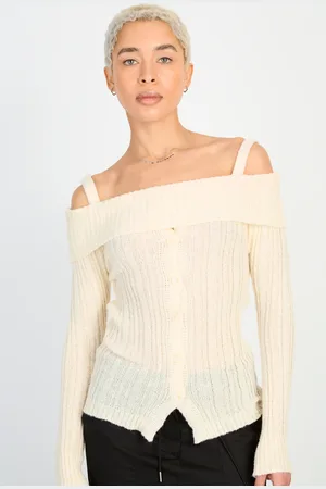 Glassworks London Cream Mix Rib Strapped Off Shoulder Knit Top
