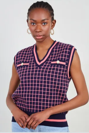 Glassworks London Navy And Pink Box Check Sweater Vest