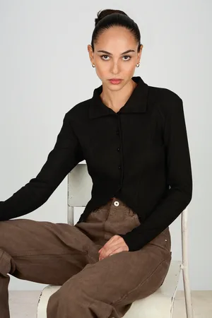 Glassworks London Black Jersey Sharp Shoulder Button Front Top