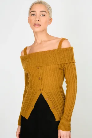 Glassworks London Warm Mix Rib Strapped Off Shoulder Knit Top
