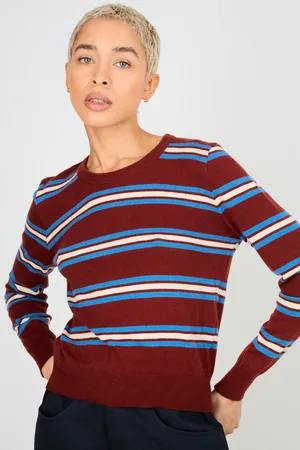 Glassworks London Burgundy White And Cobalt Horizontal Striped Wool Blend Knit Top