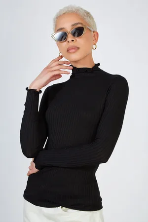 Glassworks London Ribbed Mock Neck Ruffle Trim Top