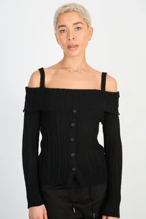 Glassworks London Mix Rib Strapped Off Shoulder Knit Top